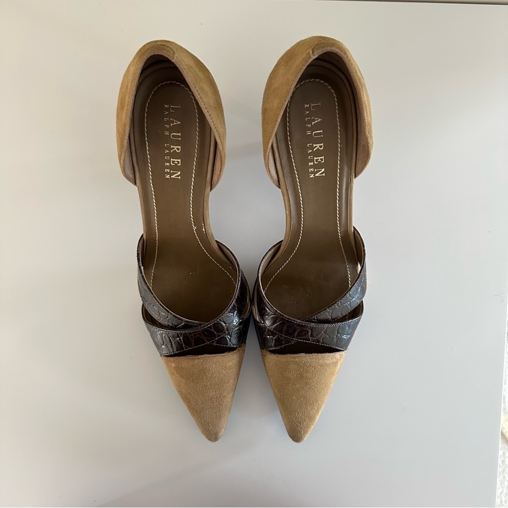 Ralph Lauren | Tan & Brown Leather Suede Pumps Sz 7 - Picture 4 of 5